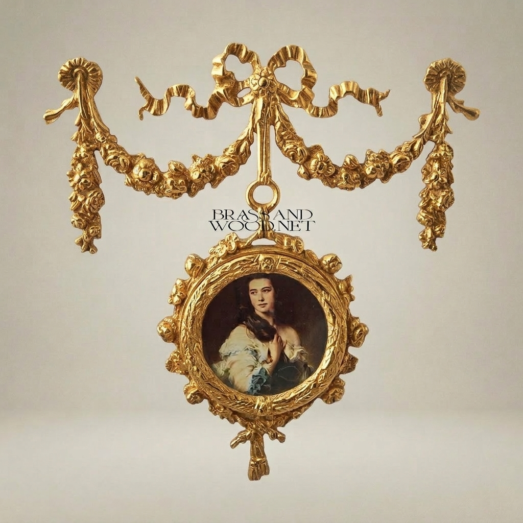 Louis XVI Gilt Brass Hanging Portrait Medallion with Rose Garland Swag — Gold