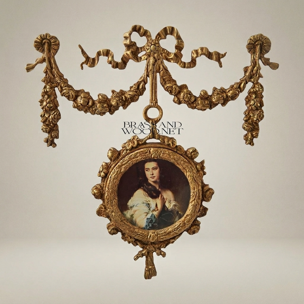 Louis XVI Gilt Brass Hanging Portrait Medallion with Rose Garland Swag — Antique Gold