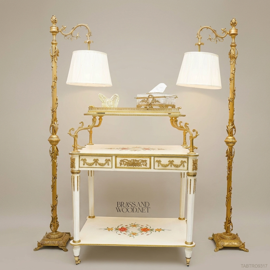 Louis XVI Ivory & Gold Leaf Tea Trolley with Hand-Painted Floral Panels