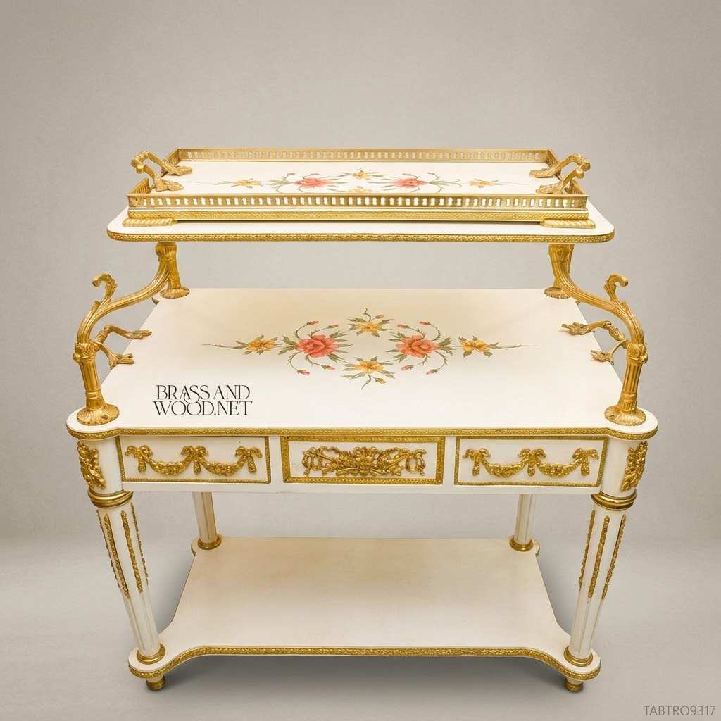 Louis XVI Ivory & Gold Leaf Tea Trolley with Hand-Painted Floral Panels
