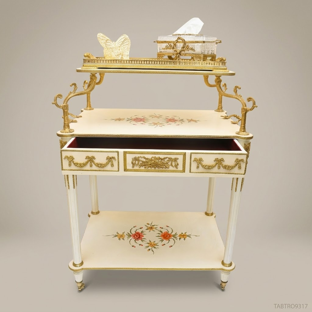 Louis XVI Ivory & Gold Leaf Tea Trolley with Hand-Painted Floral Panels