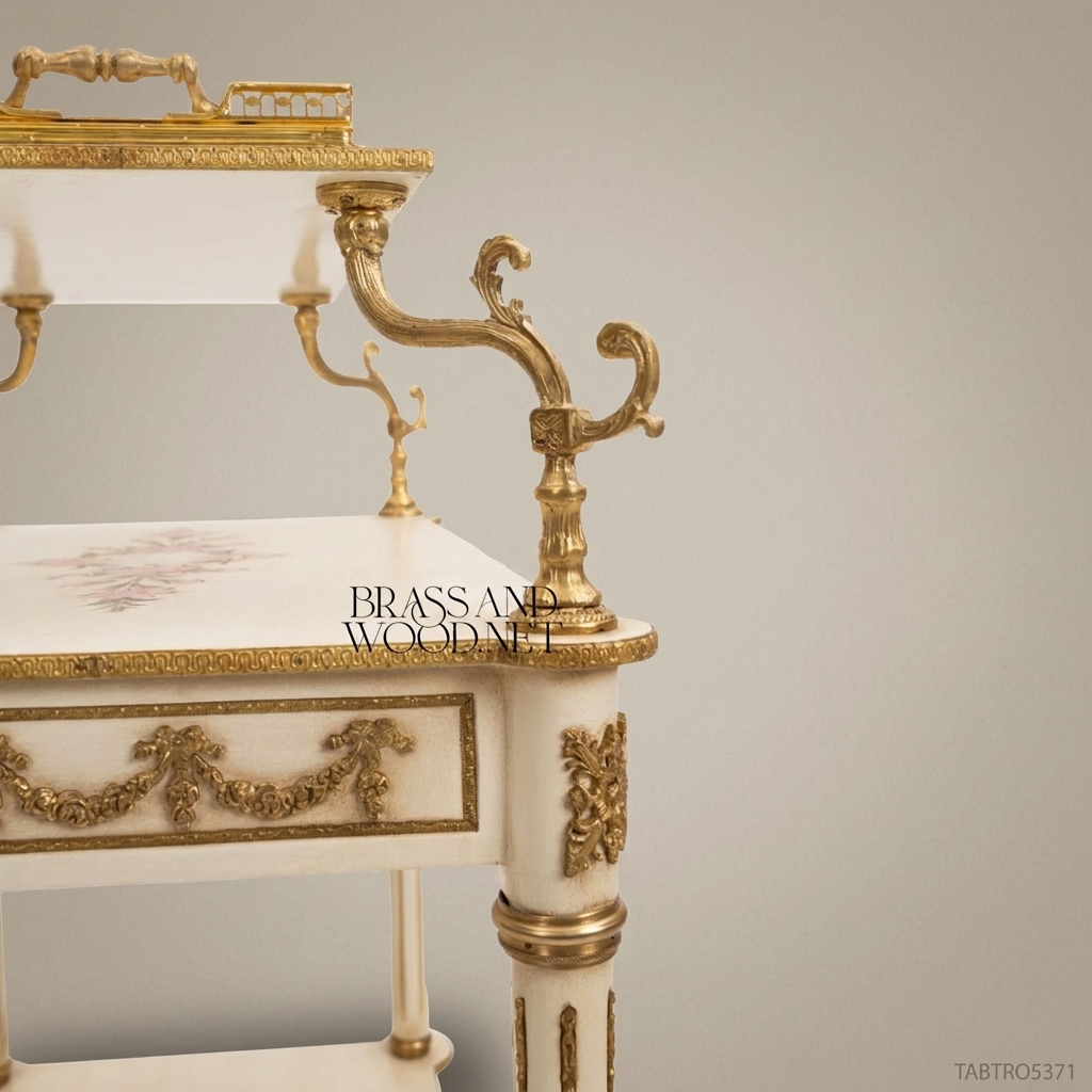 Louis XVI Ivory & Gold Leaf Tea Trolley with Hand-Painted Florals