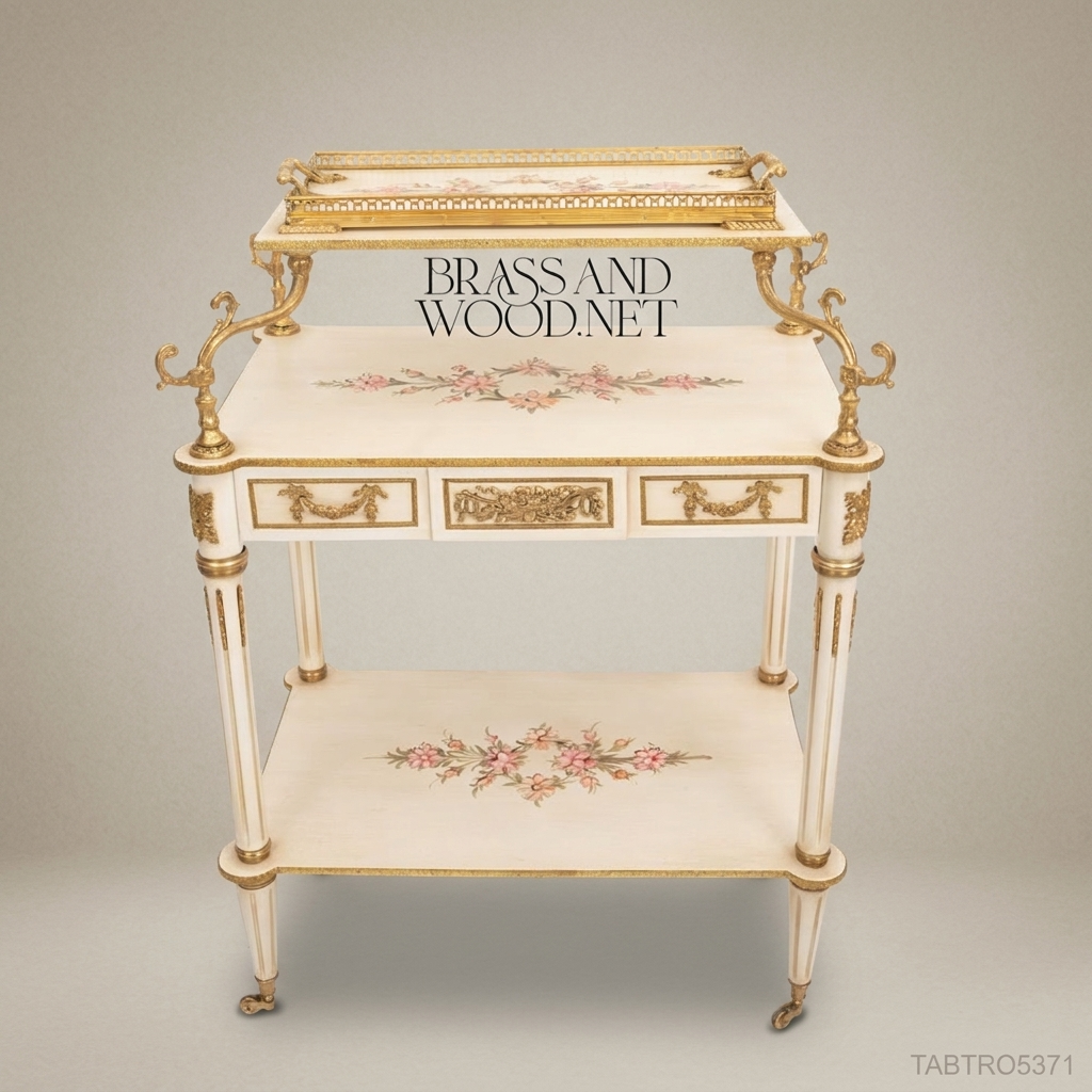 Louis XVI Ivory & Gold Leaf Tea Trolley with Hand-Painted Florals
