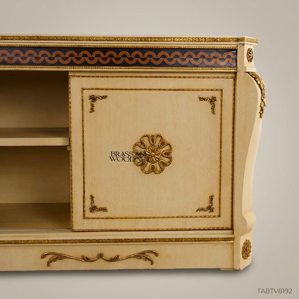 Louis XVI Ivory Lacquer TV Cabinet with Gold Brass Appliqués & Marquetry Frieze