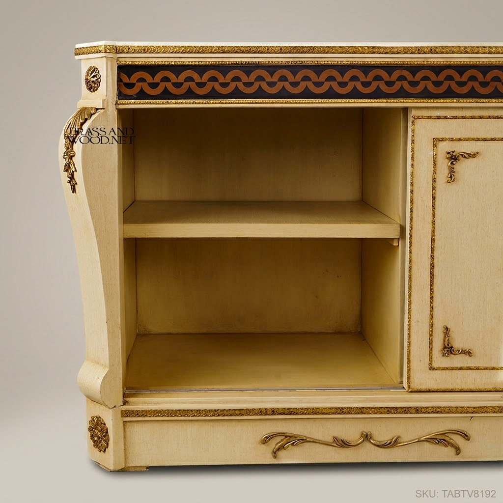 Louis XVI Ivory Lacquer TV Cabinet with Gold Brass Appliqués & Marquetry Frieze
