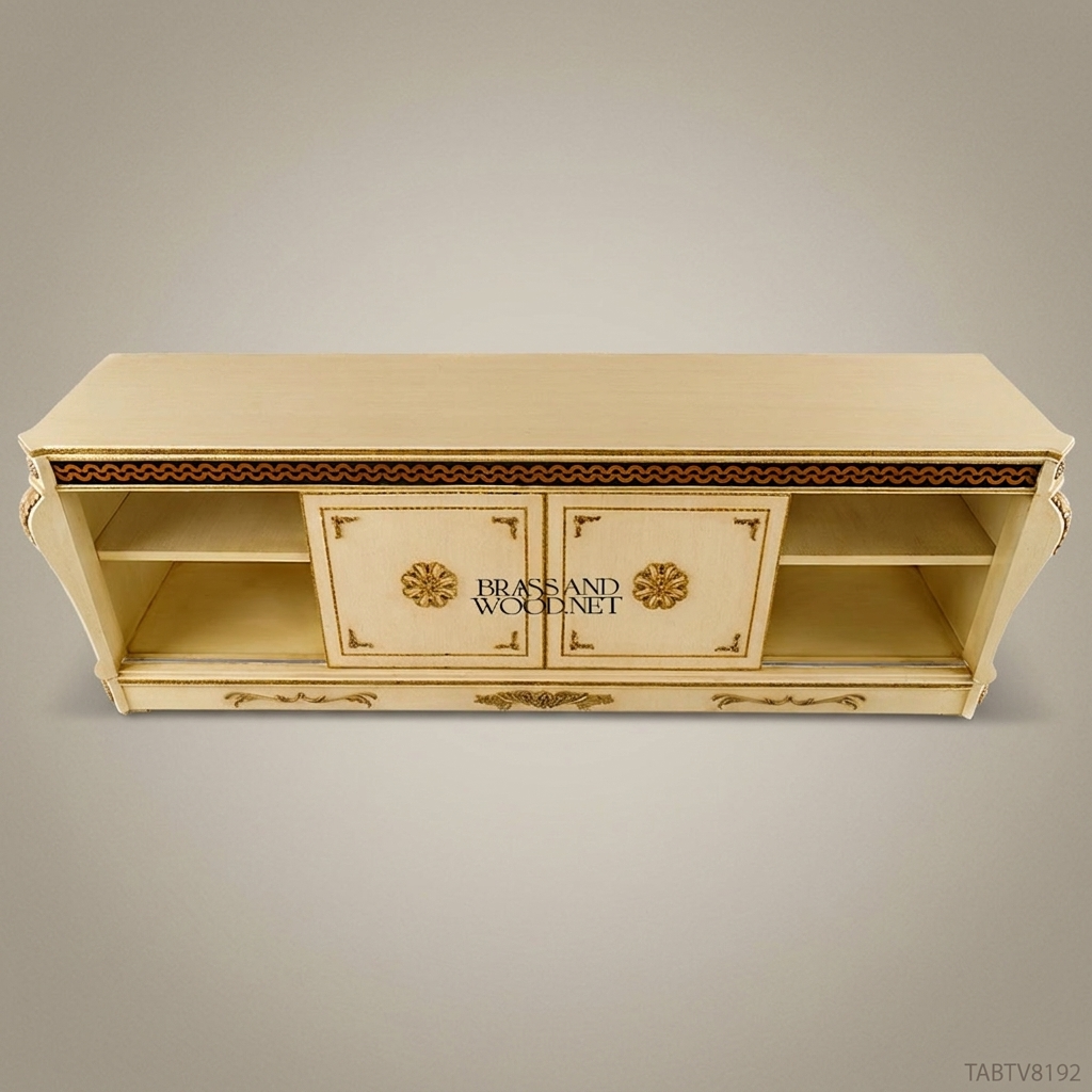 Louis XVI Ivory Lacquer TV Cabinet with Gold Brass Appliqués & Marquetry Frieze