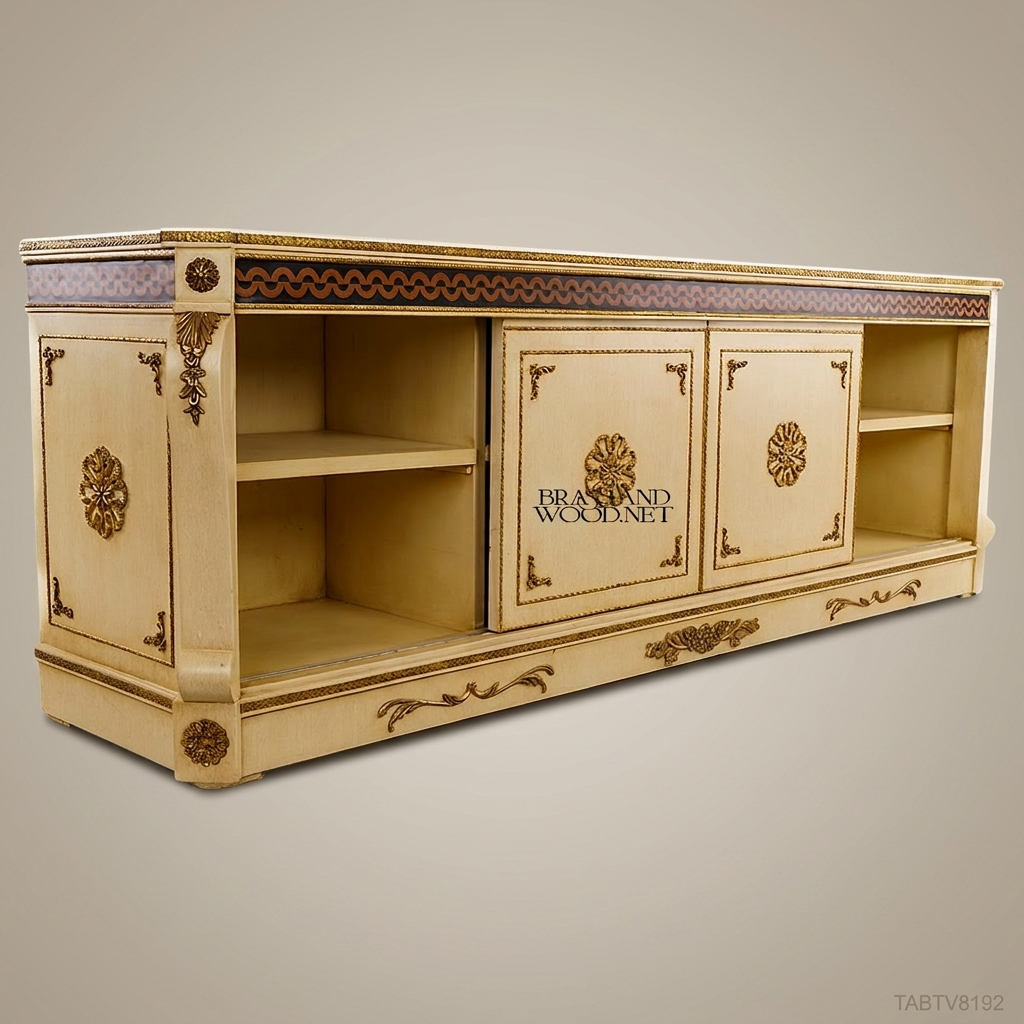 Louis XVI Ivory Lacquer TV Cabinet with Gold Brass Appliqués & Marquetry Frieze