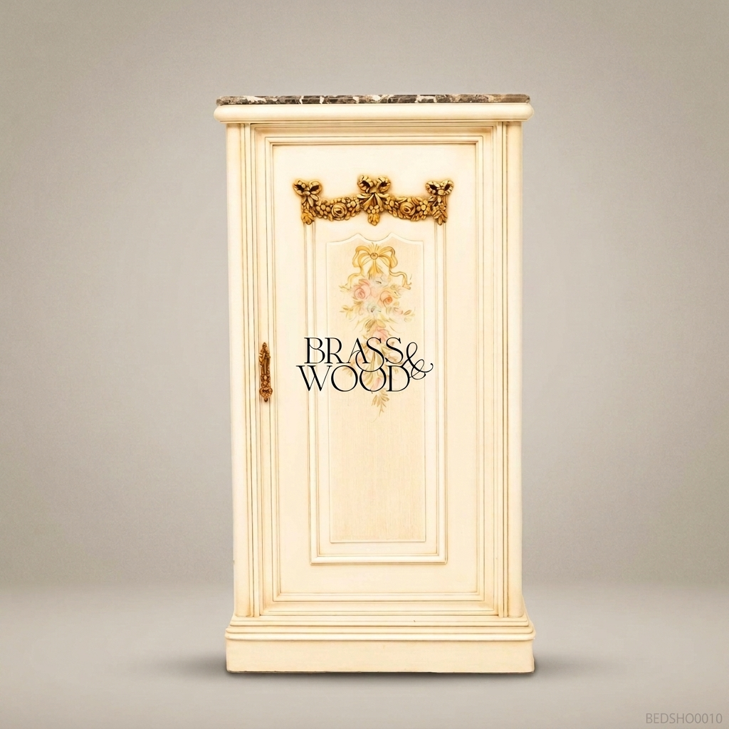 Louis XVI Ivory Painted Nightstand with Marble Top & Gilt Floral Door Panel