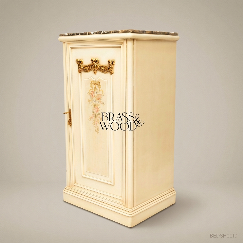Louis XVI Ivory Painted Nightstand with Marble Top & Gilt Floral Door Panel
