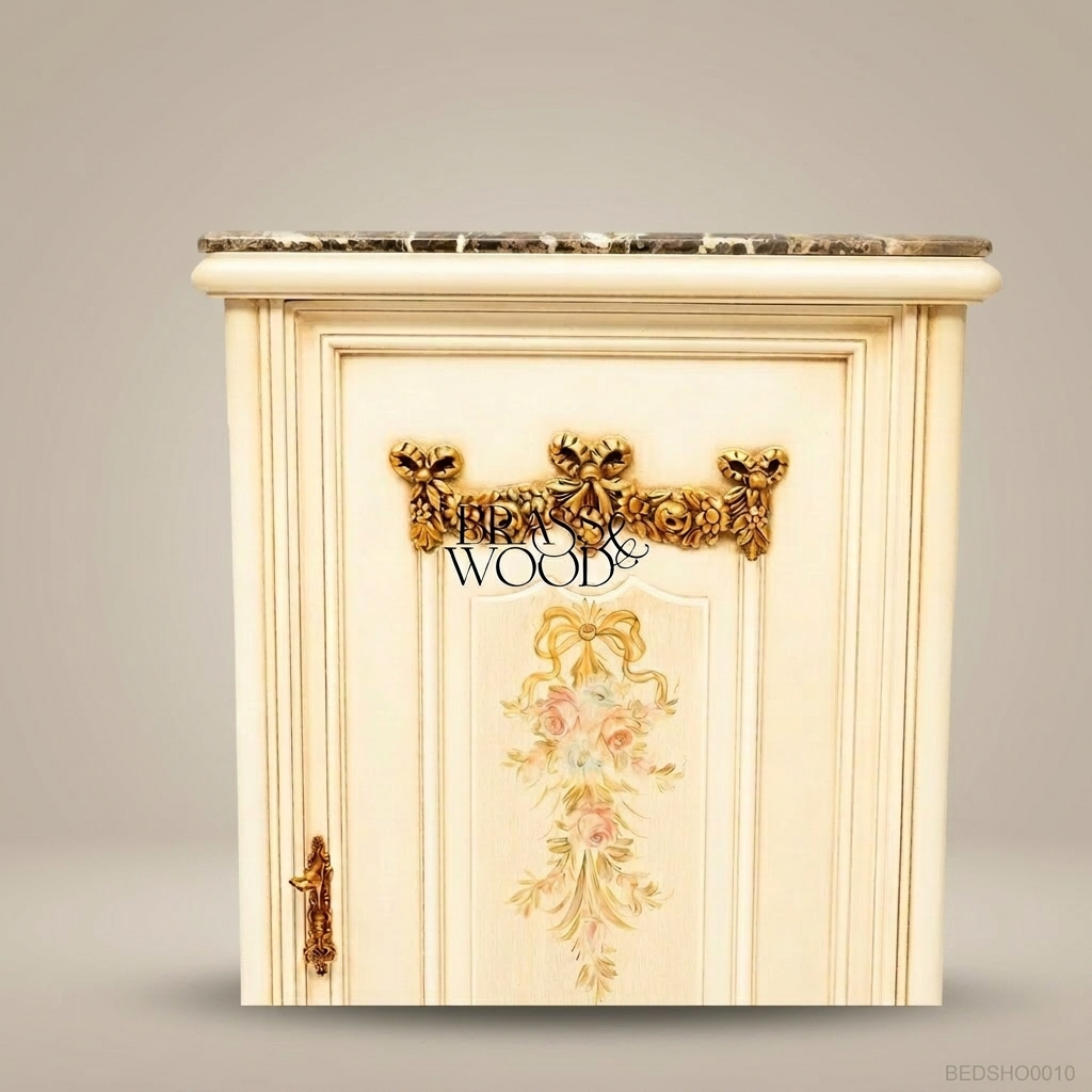Louis XVI Ivory Painted Nightstand with Marble Top & Gilt Floral Door Panel