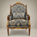 Louis XVI Neoclassical Mahogany Bergère Armchair Gilt Acanthus Crest Blue Damask Upholstery Turned Fluted Legs Main View | Brass & Wood