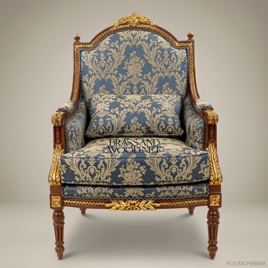 Louis XVI Neoclassical Mahogany Bergère Armchair Gilt Acanthus Crest Blue Damask Upholstery Turned Fluted Legs Main View | Brass & Wood