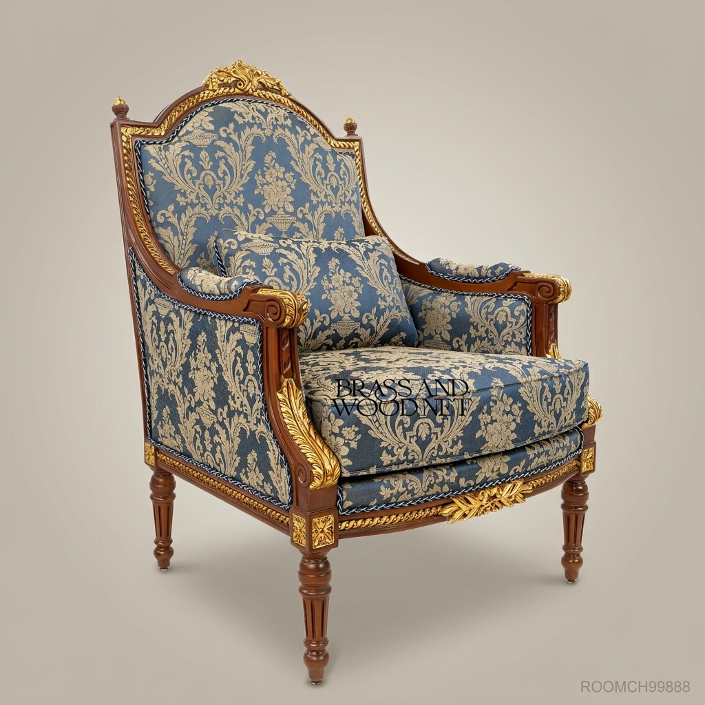 Louis XVI Neoclassical Mahogany Bergère Armchair Gilt Acanthus Crest Blue Damask Upholstery Turned Fluted Legs View 2 | Brass & Wood