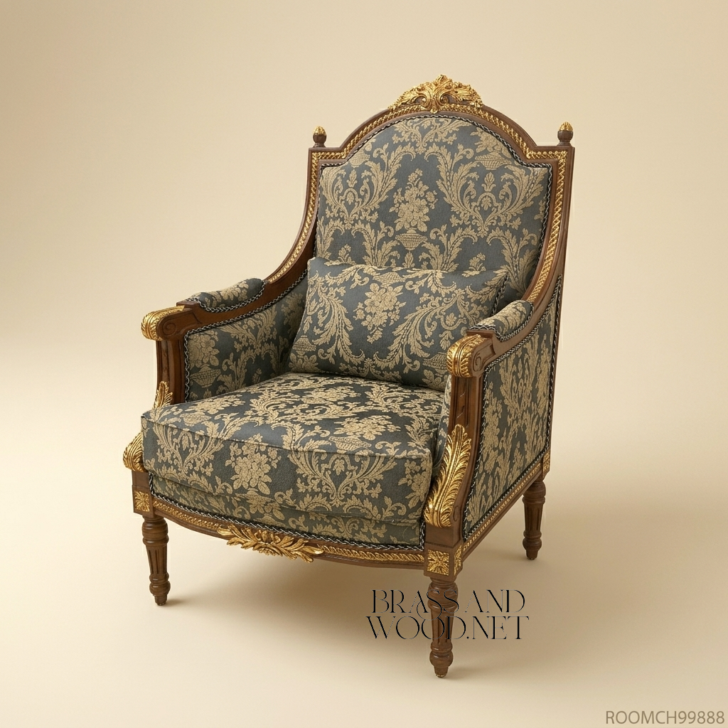 Louis XVI Neoclassical Mahogany Bergère Armchair Gilt Acanthus Crest Blue Damask Upholstery Turned Fluted Legs View 3 | Brass & Wood