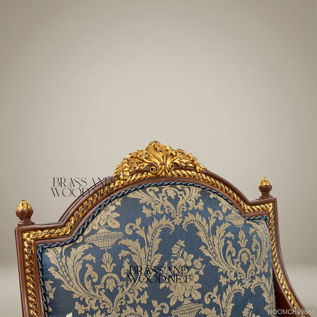 Louis XVI Neoclassical Mahogany Bergère Armchair Gilt Acanthus Crest Blue Damask Upholstery Turned Fluted Legs View 4 | Brass & Wood