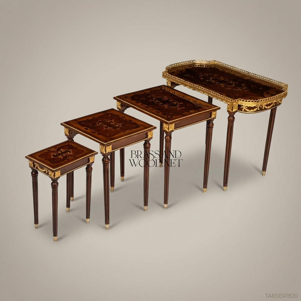 Louis XVI Marquetry Nesting Tables Set with Gilt Bronze Galleried Tray