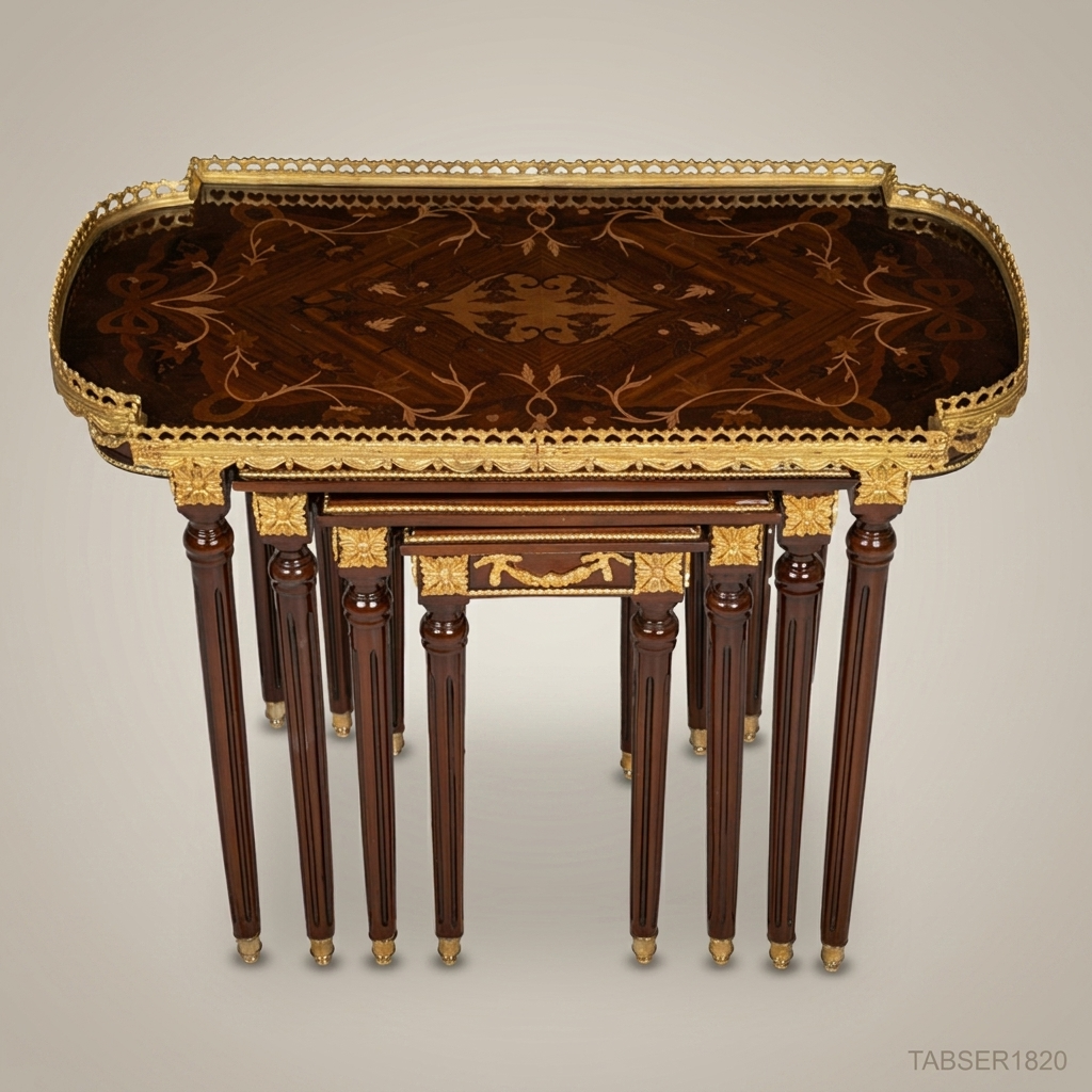Louis XVI Marquetry Nesting Tables Set with Gilt Bronze Galleried Tray