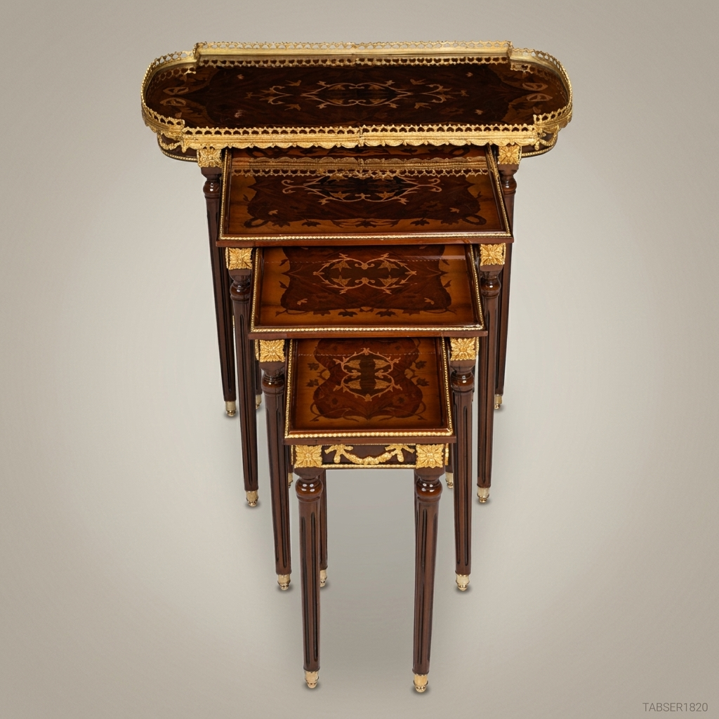 Louis XVI Marquetry Nesting Tables Set with Gilt Bronze Galleried Tray