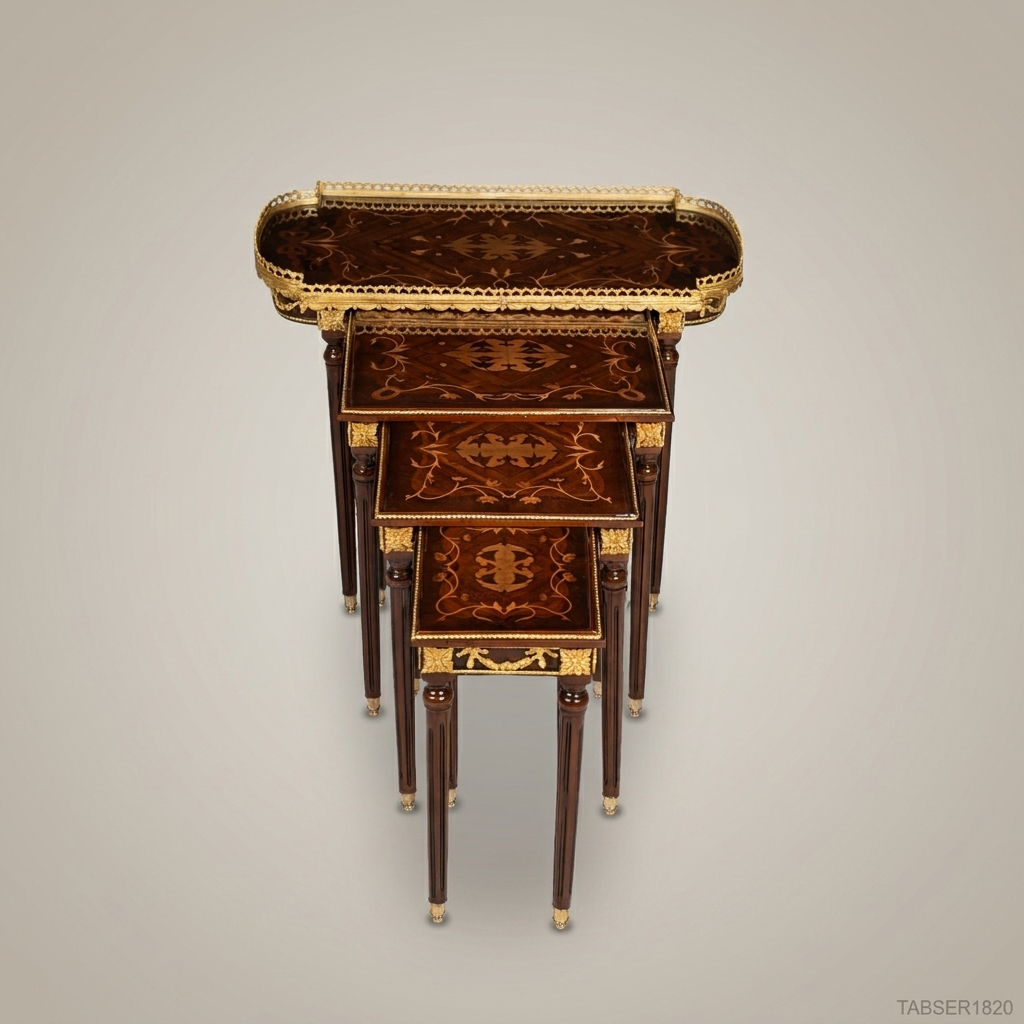 Louis XVI Marquetry Nesting Tables Set with Gilt Bronze Galleried Tray