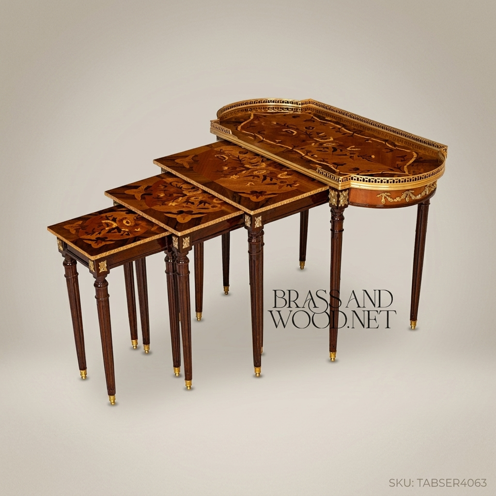 Louis XVI Marquetry Nesting Tables Set – Gilded Brass & Inlaid Hardwood