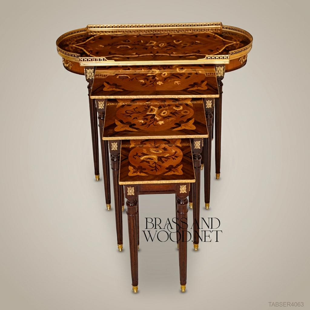 Louis XVI Marquetry Nesting Tables Set – Gilded Brass & Inlaid Hardwood