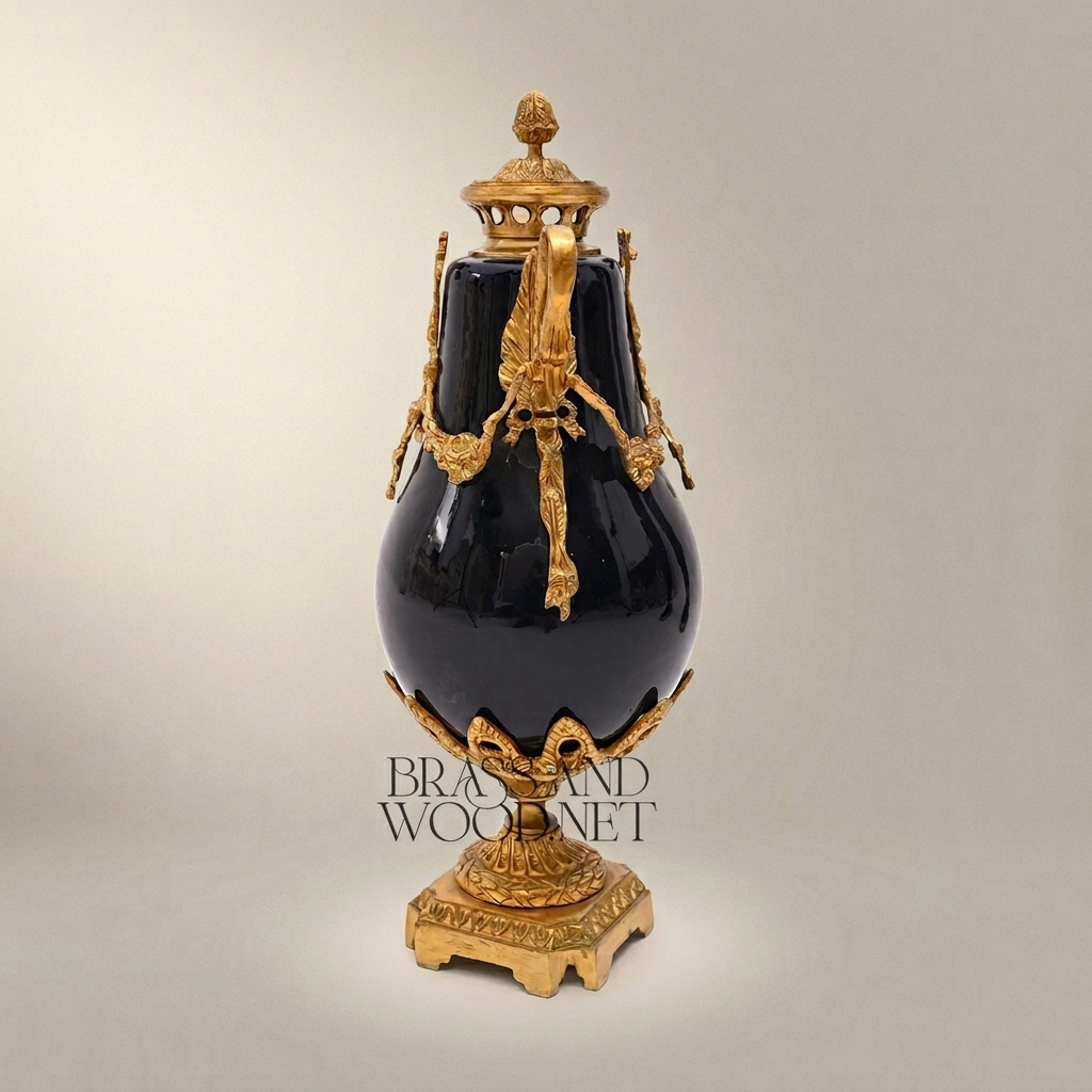 Neoclassical Swan-Handle Lidded Urn Vase with Brass Swag Mounts & Pinecone Finial — Antique Gold