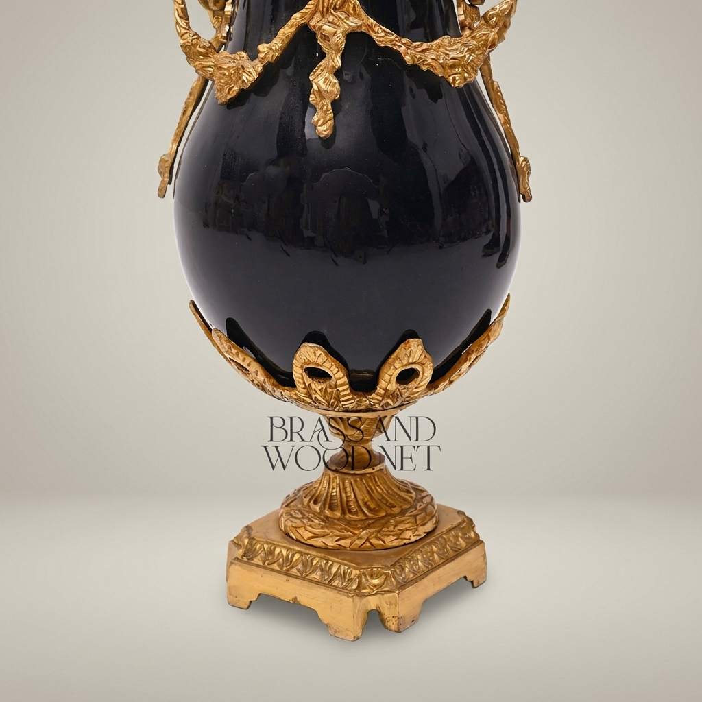 Neoclassical Swan-Handle Lidded Urn Vase with Brass Swag Mounts & Pinecone Finial — Antique Gold