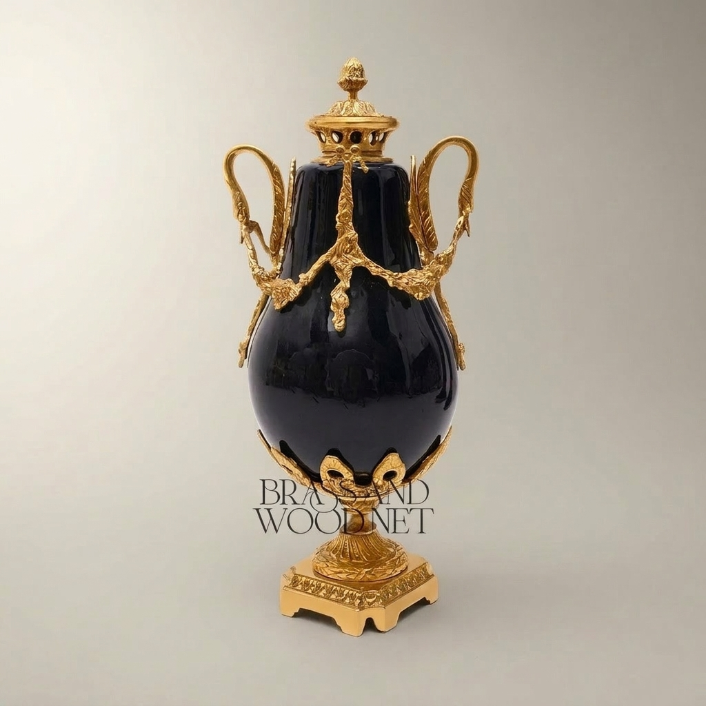 Neoclassical Swan-Handle Lidded Urn Vase with Brass Swag Mounts & Pinecone Finial