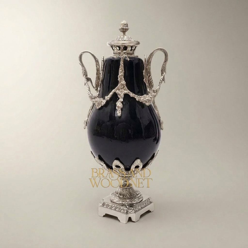 Neoclassical Swan-Handle Lidded Urn Vase with Brass Swag Mounts & Pinecone Finial — Silver