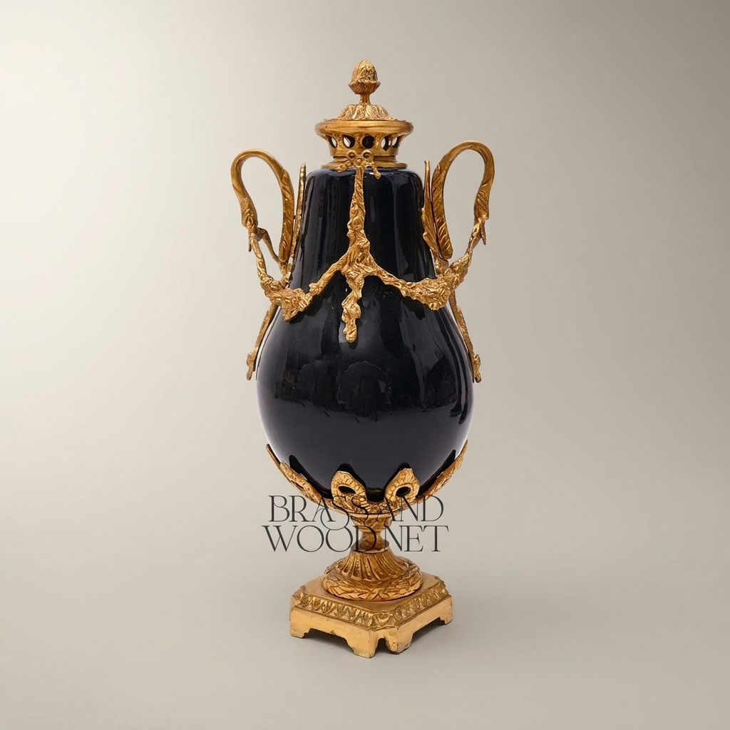 Neoclassical Swan-Handle Lidded Urn Vase with Brass Swag Mounts & Pinecone Finial — Antique Gold