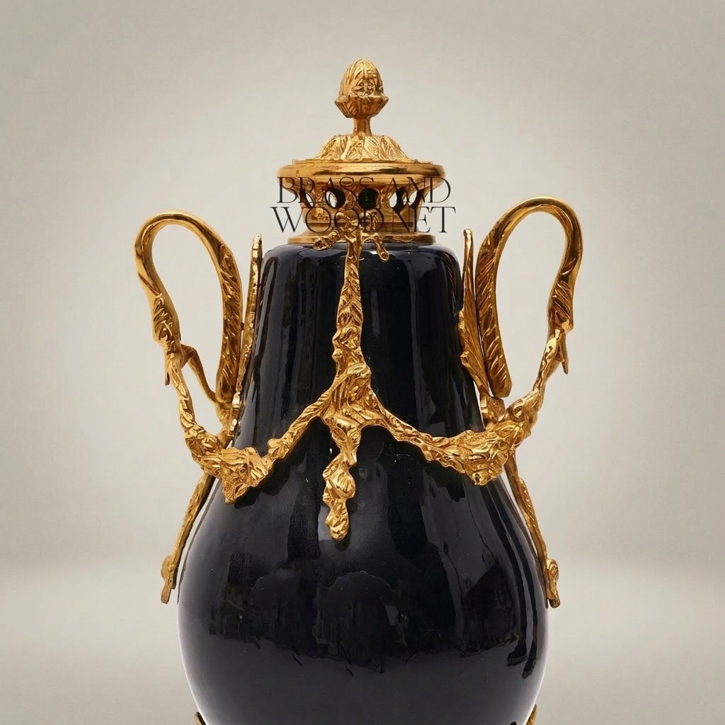 Neoclassical Swan-Handle Lidded Urn Vase with Brass Swag Mounts & Pinecone Finial — Gold