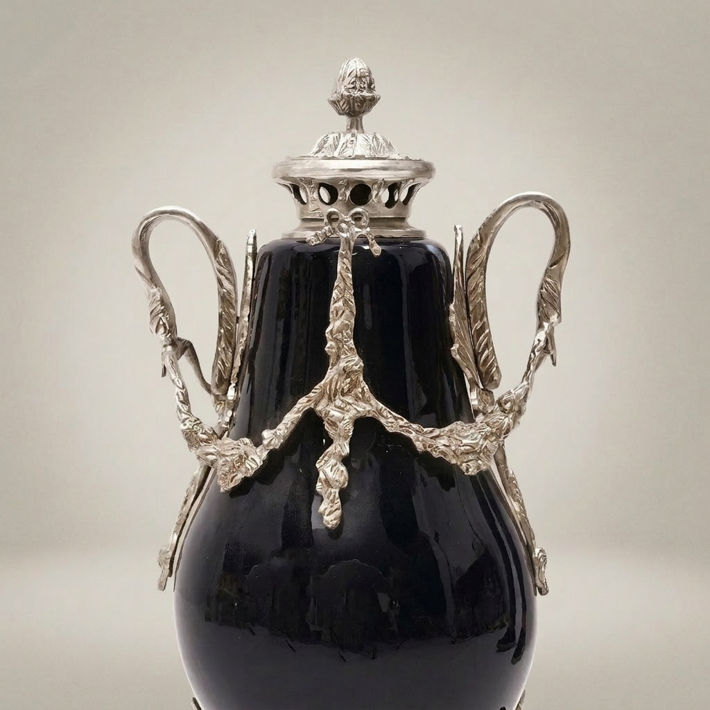 Neoclassical Swan-Handle Lidded Urn Vase with Brass Swag Mounts & Pinecone Finial — Silver