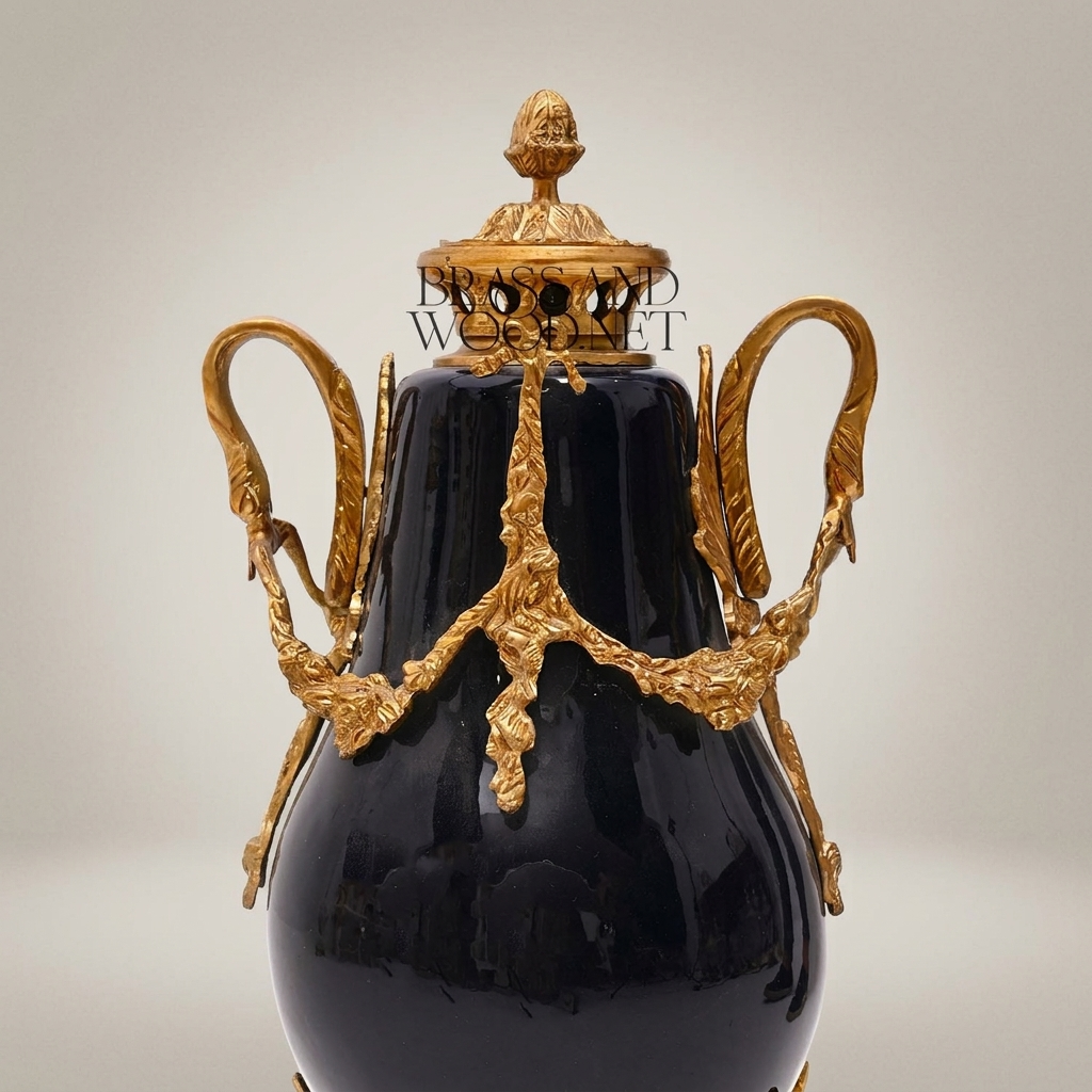 Neoclassical Swan-Handle Lidded Urn Vase with Brass Swag Mounts & Pinecone Finial — Antique Gold