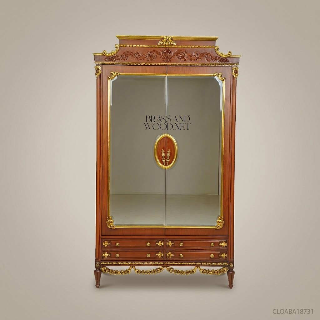 Louis XVI Neoclassical Abaya Wardrobe – Solid Wood & Antique Brass Mirrored Armoire