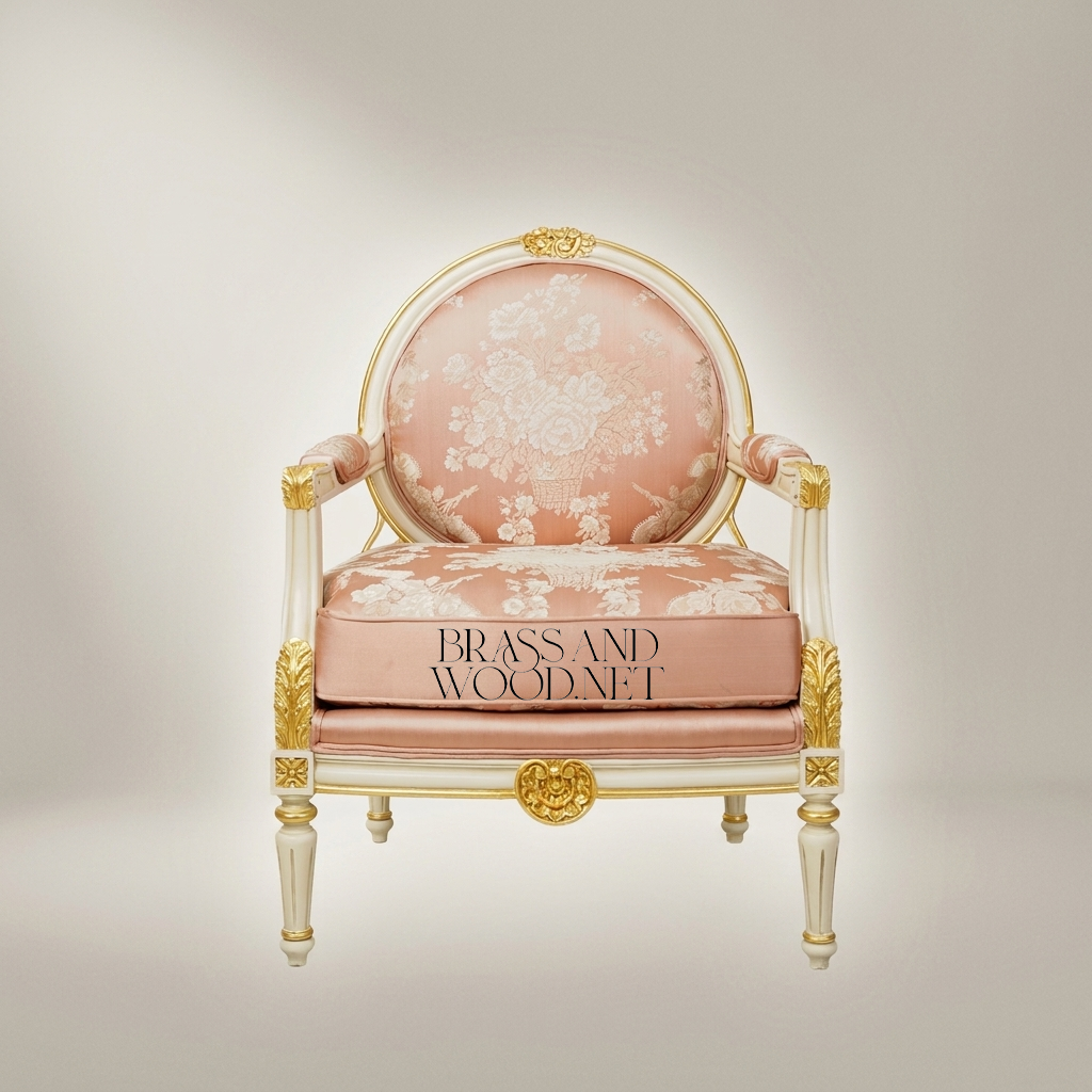 Louis XVI Neoclassical Antique White Painted Solid Wood Armchair Medallion Back Blush Pink Floral Jacquard Gilded Carved Ornaments Main View | Brass & Wood