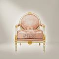 Louis XVI Neoclassical Antique White Painted Solid Wood Armchair Medallion Back Blush Pink Floral Jacquard Gilded Carved Ornaments Main View | Brass & Wood