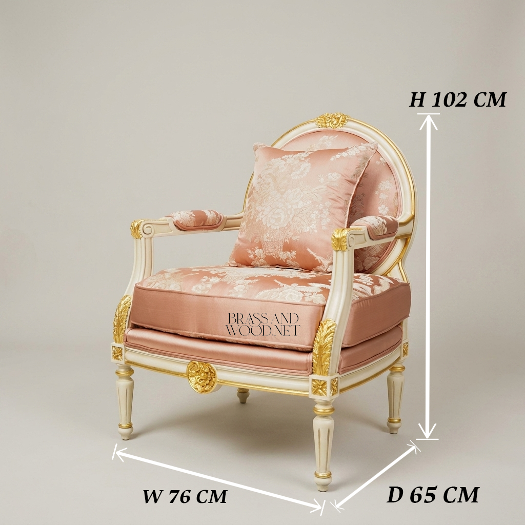 Louis XVI Neoclassical Antique White Painted Solid Wood Armchair Medallion Back Blush Pink Floral Jacquard Gilded Carved Ornaments View 2 | Brass & Wood