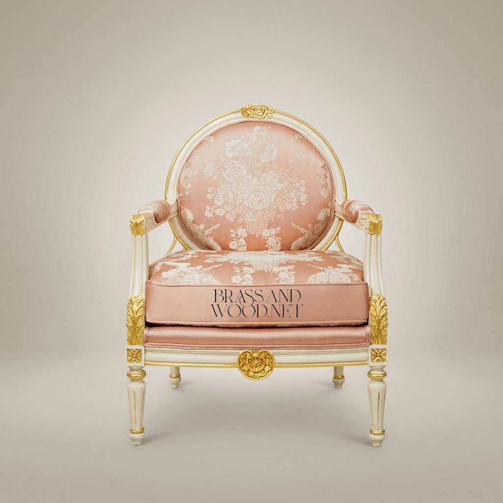 Louis XVI Neoclassical Antique White Painted Solid Wood Armchair Medallion Back Blush Pink Floral Jacquard Gilded Carved Ornaments View 3 | Brass & Wood