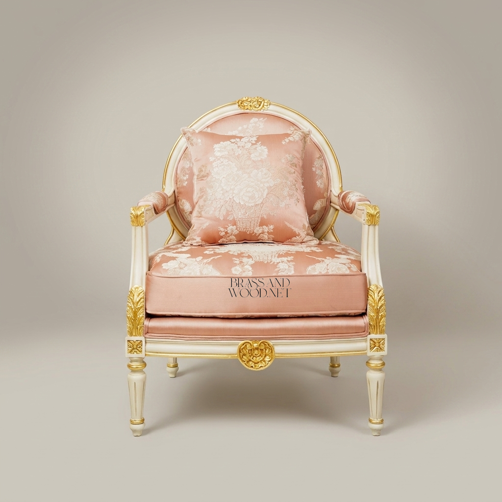 Louis XVI Neoclassical Antique White Painted Solid Wood Armchair Medallion Back Blush Pink Floral Jacquard Gilded Carved Ornaments View 4 | Brass & Wood