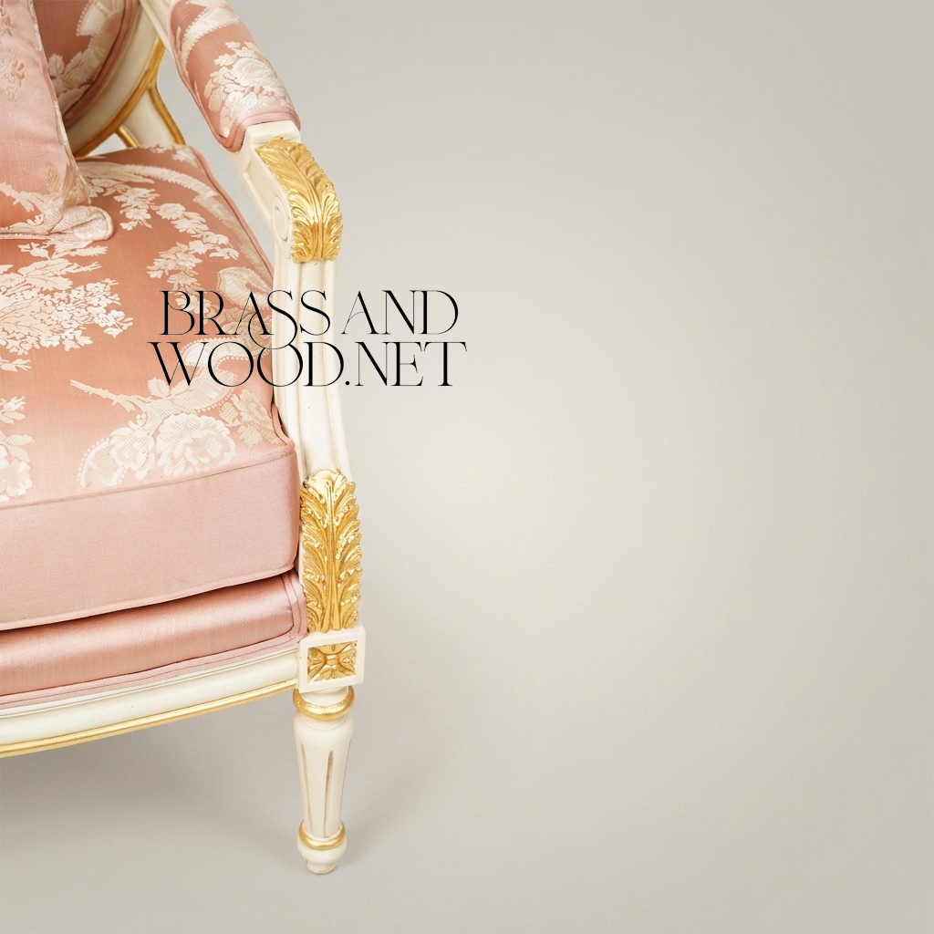 Louis XVI Neoclassical Antique White Painted Solid Wood Armchair Medallion Back Blush Pink Floral Jacquard Gilded Carved Ornaments View 5 | Brass & Wood