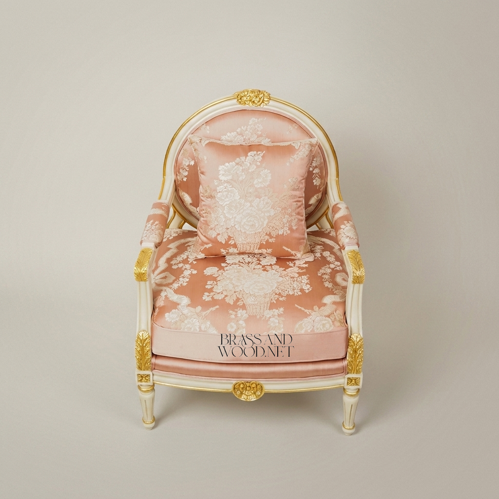 Louis XVI Neoclassical Antique White Painted Solid Wood Armchair Medallion Back Blush Pink Floral Jacquard Gilded Carved Ornaments View 6 | Brass & Wood