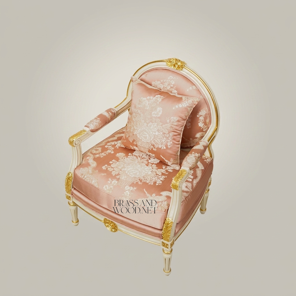 Louis XVI Neoclassical Antique White Painted Solid Wood Armchair Medallion Back Blush Pink Floral Jacquard Gilded Carved Ornaments View 7 | Brass & Wood