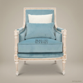 Louis XVI Neoclassical Bergère Armchair antique white fluted column frame light blue velvet upholstery egg-and-dart carved rail Main View | Brass & Wood