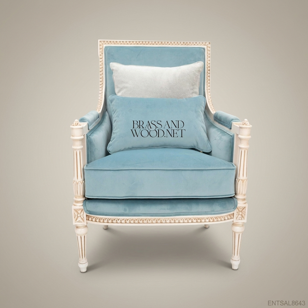 Louis XVI Neoclassical Bergère Armchair antique white fluted column frame light blue velvet upholstery egg-and-dart carved rail View 2 | Brass & Wood