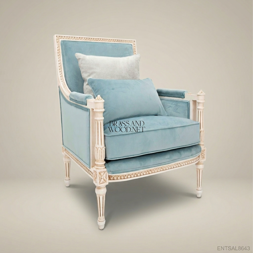 Louis XVI Neoclassical Bergère Armchair antique white fluted column frame light blue velvet upholstery egg-and-dart carved rail View 3 | Brass & Wood