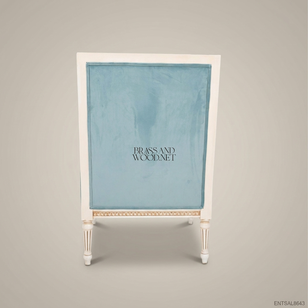 Louis XVI Neoclassical Bergère Armchair antique white fluted column frame light blue velvet upholstery egg-and-dart carved rail View 4 | Brass & Wood