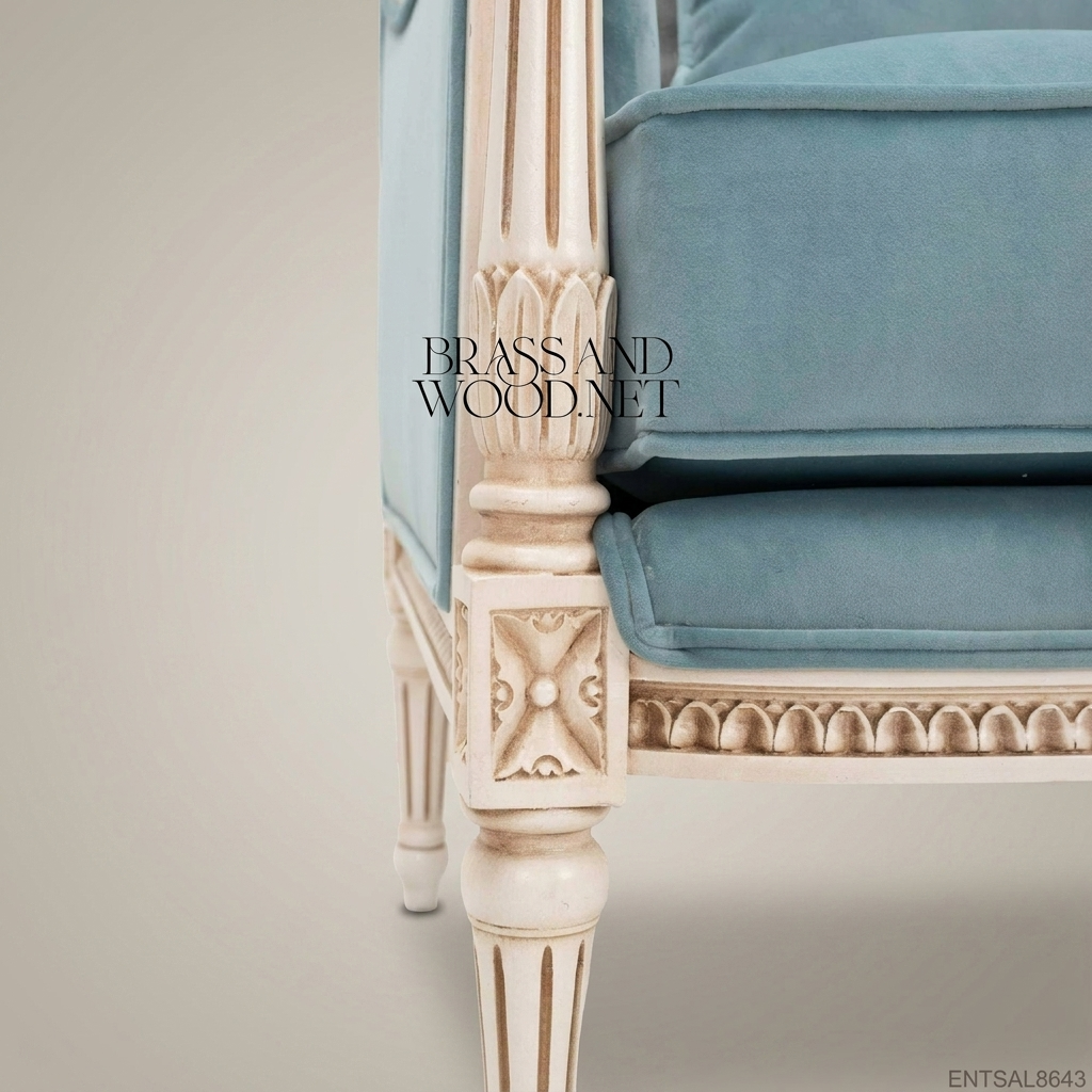 Louis XVI Neoclassical Bergère Armchair antique white fluted column frame light blue velvet upholstery egg-and-dart carved rail View 5 | Brass & Wood