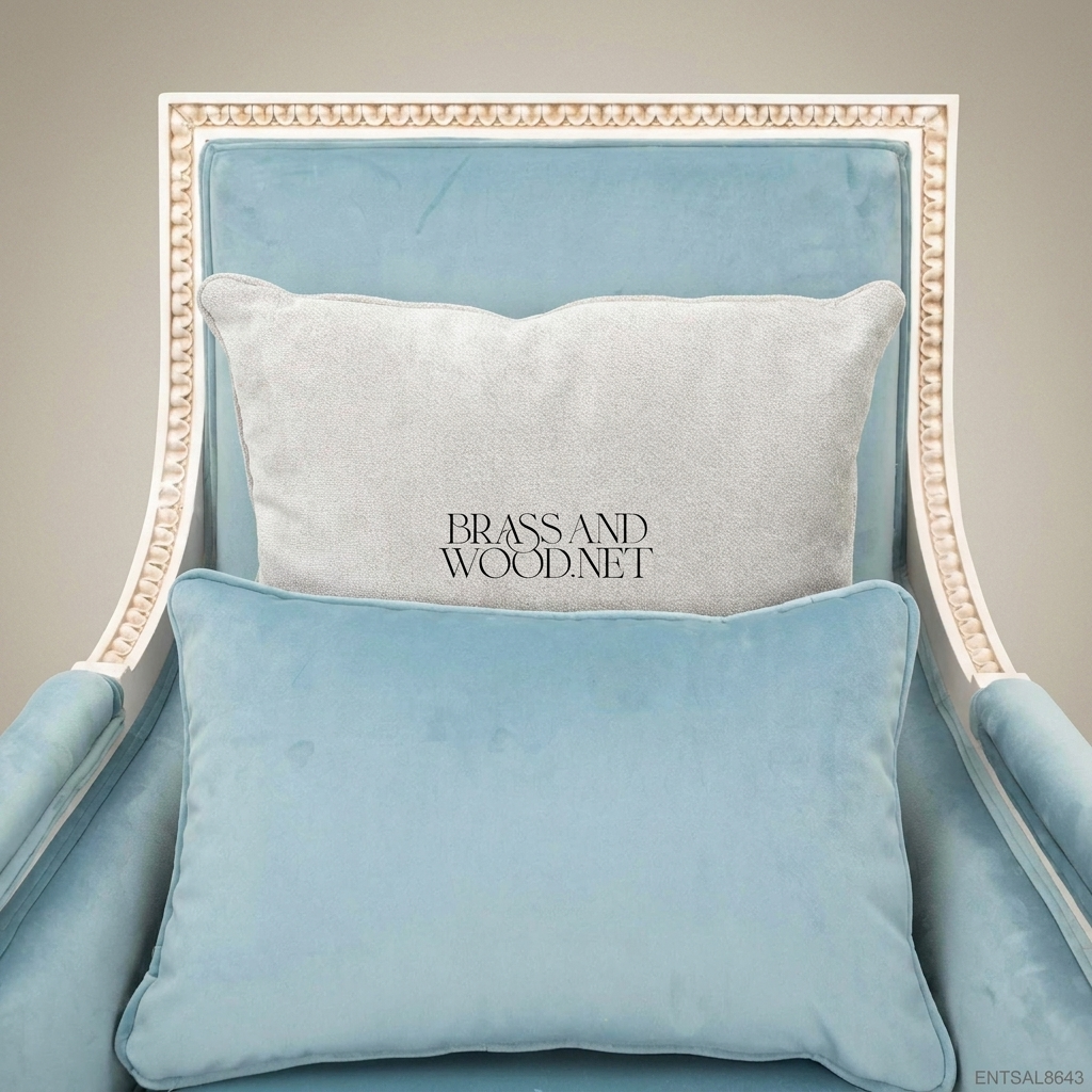 Louis XVI Neoclassical Bergère Armchair antique white fluted column frame light blue velvet upholstery egg-and-dart carved rail View 6 | Brass & Wood