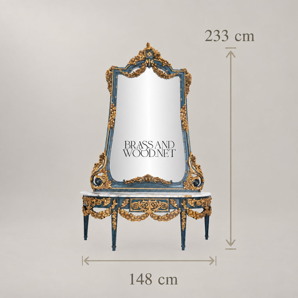 Louis XVI Neoclassical Hand-Carved Blue and Gold Console Table with Tall Pier Mirror and White Marble Top Main View | Brass & Wood