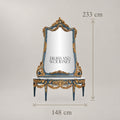 Louis XVI Neoclassical Hand-Carved Blue and Gold Console Table with Tall Pier Mirror and White Marble Top Main View | Brass & Wood